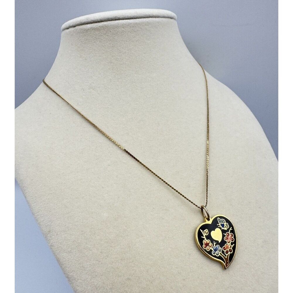 Vintage Goldtone‎ Cloisonne Enamel Floral Butterfly Heart Pendant Necklace 16” - Picture 4 of 8